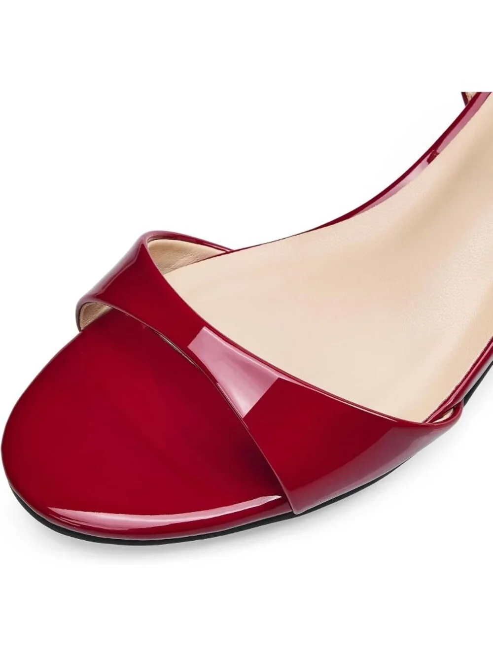 Women's Red Patent Round Open Toe 1.5 Inch Low Heels Ankle Strap Heel Sandals